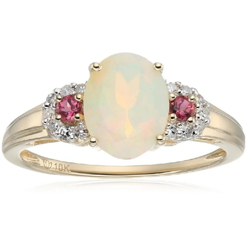 Ladies contemporary engagement rings-10k Yellow Gold Pink Tourmaline Diamond 3-Stone Engagement Ring, Sz 7