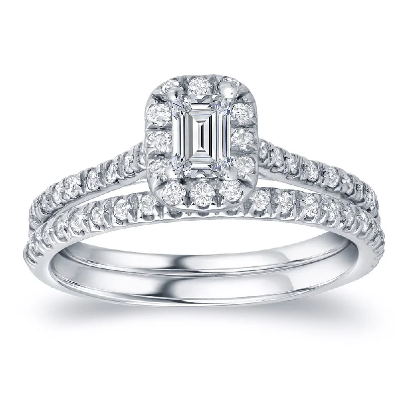 Ladies engagement rings with aquamarine-Auriya Platinum 1 carat TW Emerald-cut Halo Diamond Engagement Ring Set