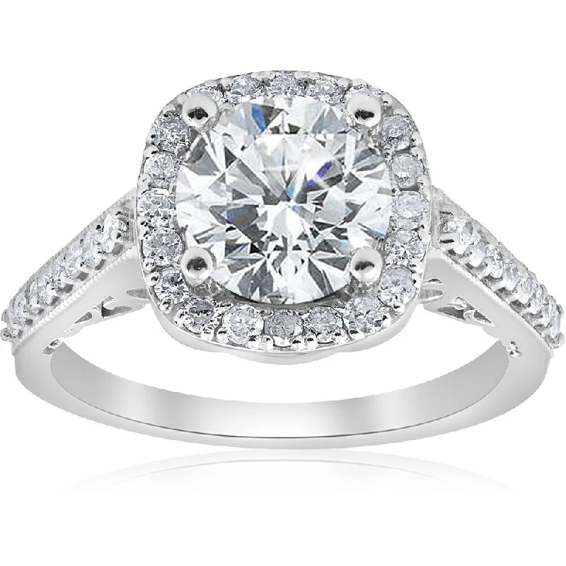 Ladies solitaire engagement rings with sapphires-Pompeii3 14k White Gold 3 ct TDW Cushion Halo Diamond Clarity Enhanced Engagement Infinity Ring