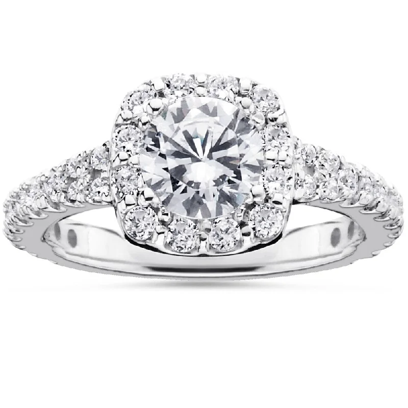 Ladies round diamond engagement rings-14k White Gold 1 1/2ct TDW Cushion Halo Diamond Engagement Ring - White H-I - White H-I