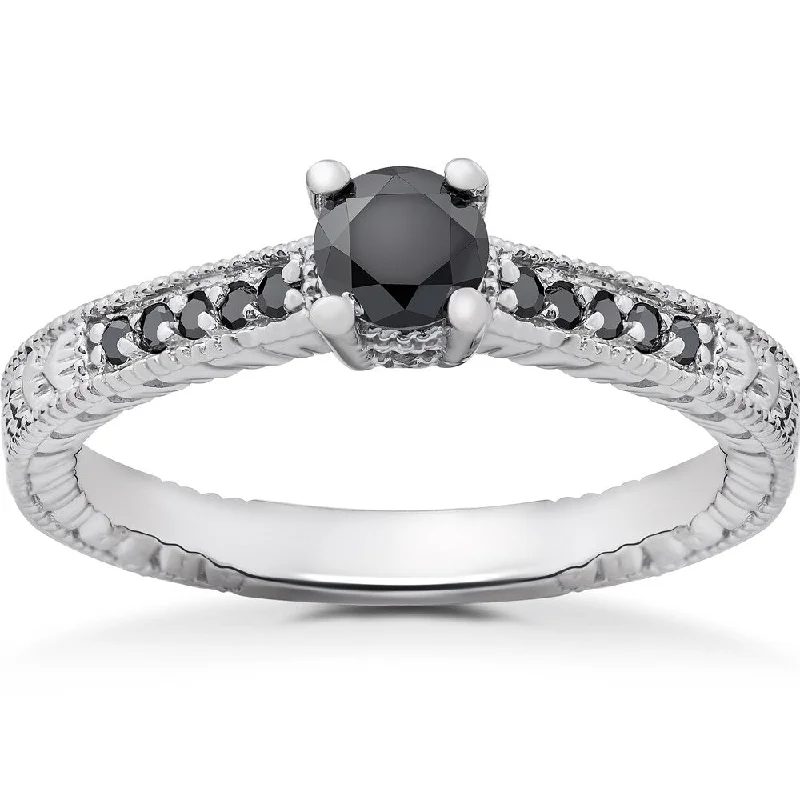 Ladies diamond and sapphire engagement rings-14k White Gold 1/2ct TDW Black Diamond Vintage Engagement Ring