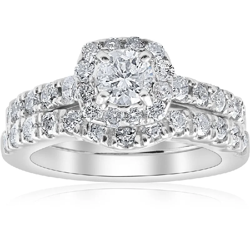 Ladies solitaire diamond engagement rings-Pompeii3 14k White Gold 1 1/4 ct TDW Cushion Halo Diamond Engagement Wedding Ring Set