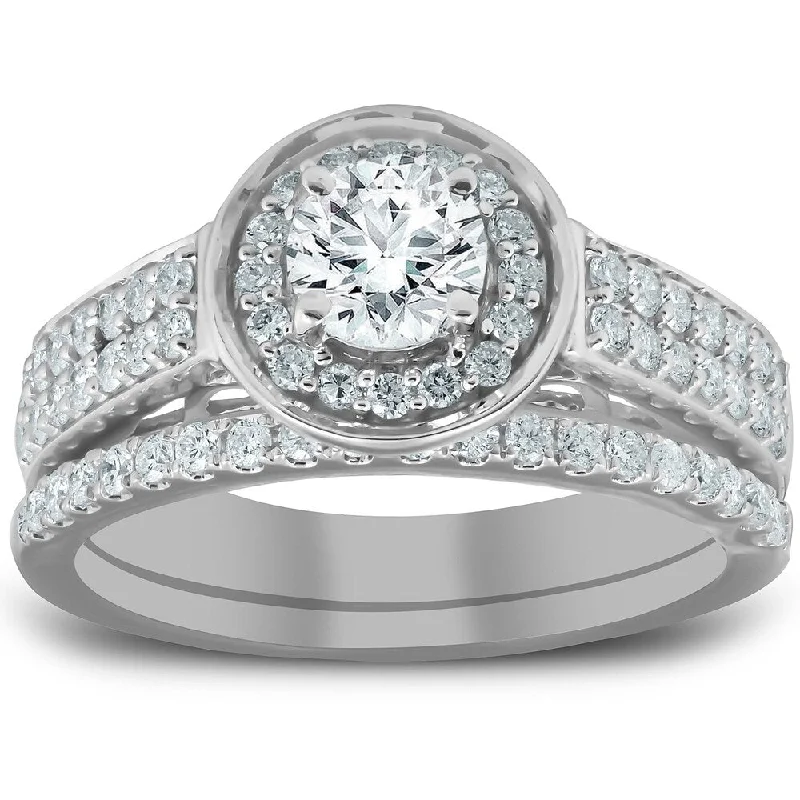 Ladies oval engagement rings-Pompeii3 10k White Gold 1 1/4 Ct TDW Halo Diamond Engagement Ring Matching Wedding Band Set