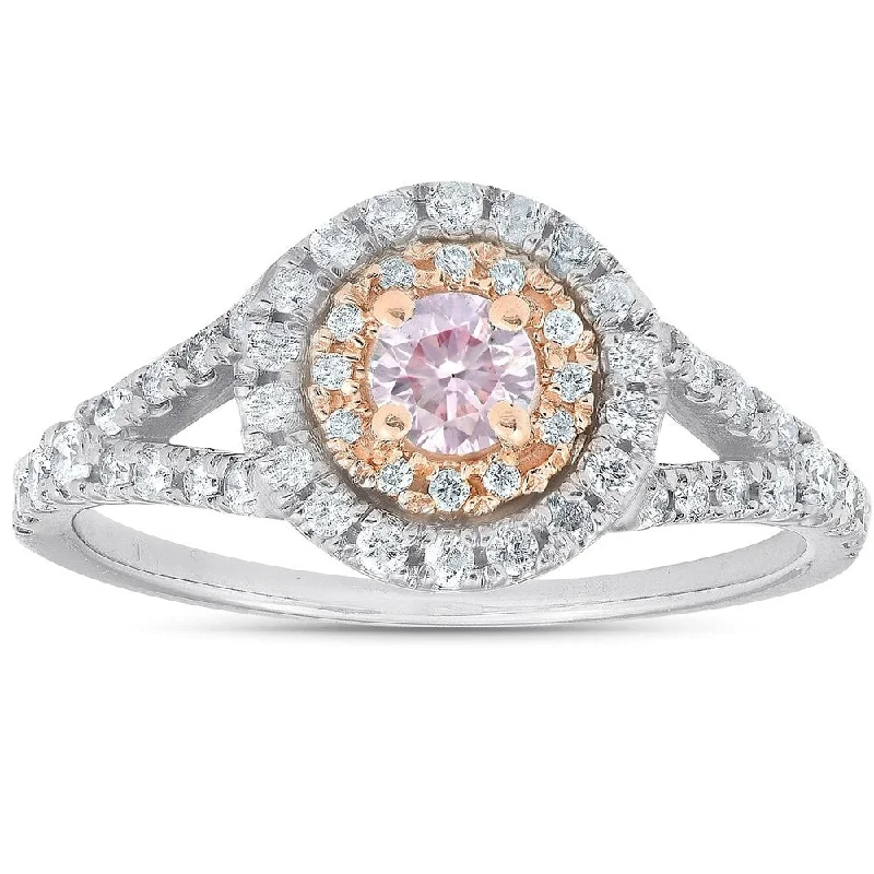 Ladies eternity engagement rings-14k White & Rose Gold .79 Ct TDW Pink Diamond Halo Engagement Ring IGI Certified Size 8