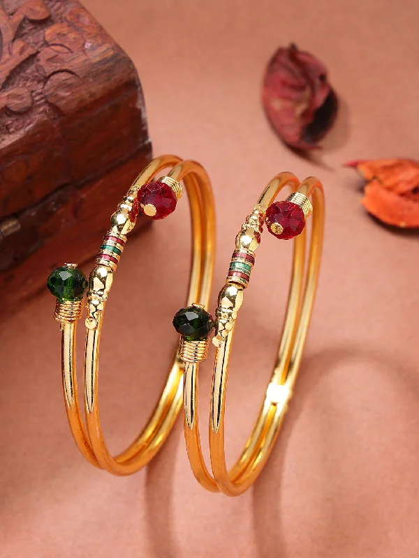 Ladies charm bangle-NVR Women's Set of 2 Gold-Plated Artificial Beads Traditional Bangles