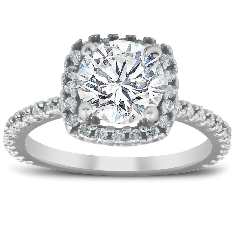 Ladies cushion cut diamond engagement rings-Pompeii3 14k White Gold 2 1/2 Ct TDW Cushion Halo Diamond Engagement Ring Clarity Enhanced