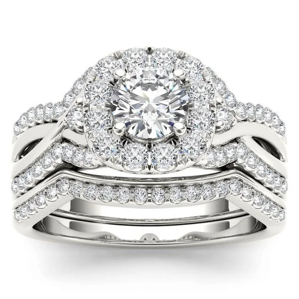 Ladies platinum diamond engagement rings-De Couer 14k White Gold 1 1/4ct TDW Diamond Halo Engagement Ring Set with One Band