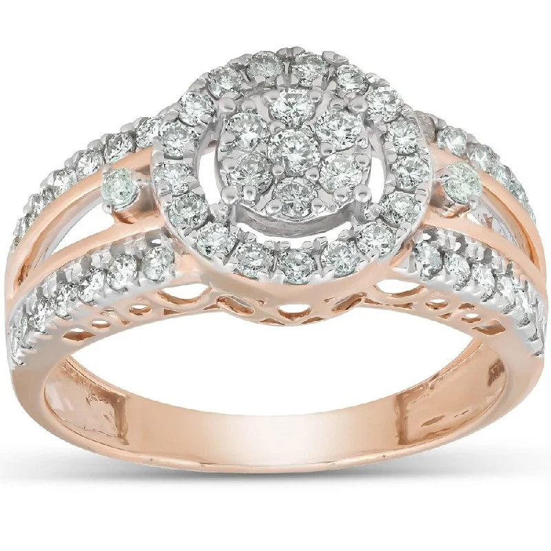 Ladies platinum diamond engagement rings-Pompeii3 10k Rose Gold 3/4 Ct TDW Round Halo Diamond Engagement Multi Band Ring