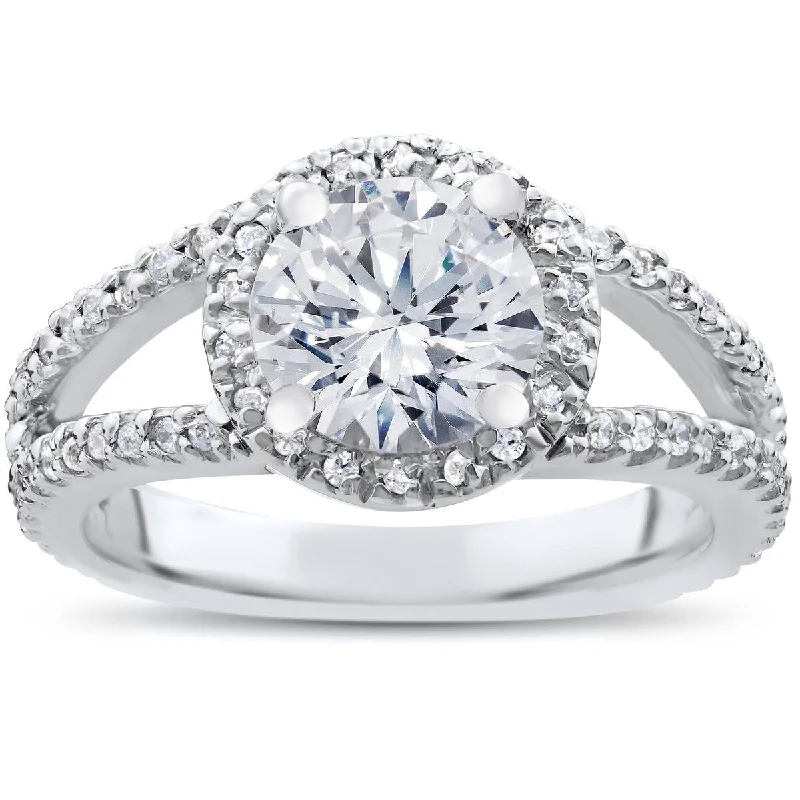 Ladies engagement rings with pave diamonds-2 Carat Enhanced Diamond Halo Engagement Ring Split Shank 14K White Gold