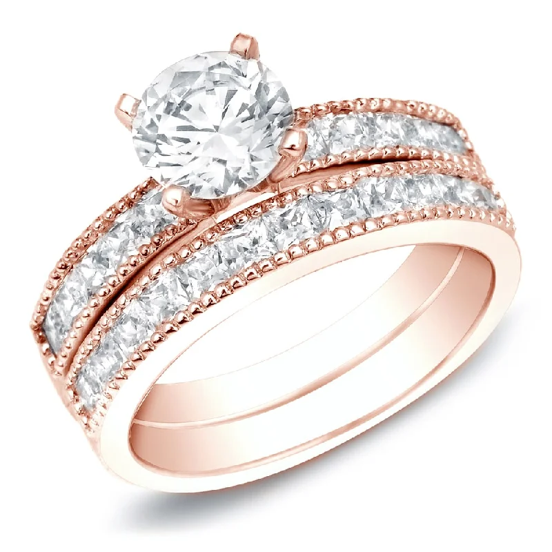 Ladies white gold engagement rings-Auriya 14k Rose Gold 2ctw Round Diamond Engagement Ring Set Certified