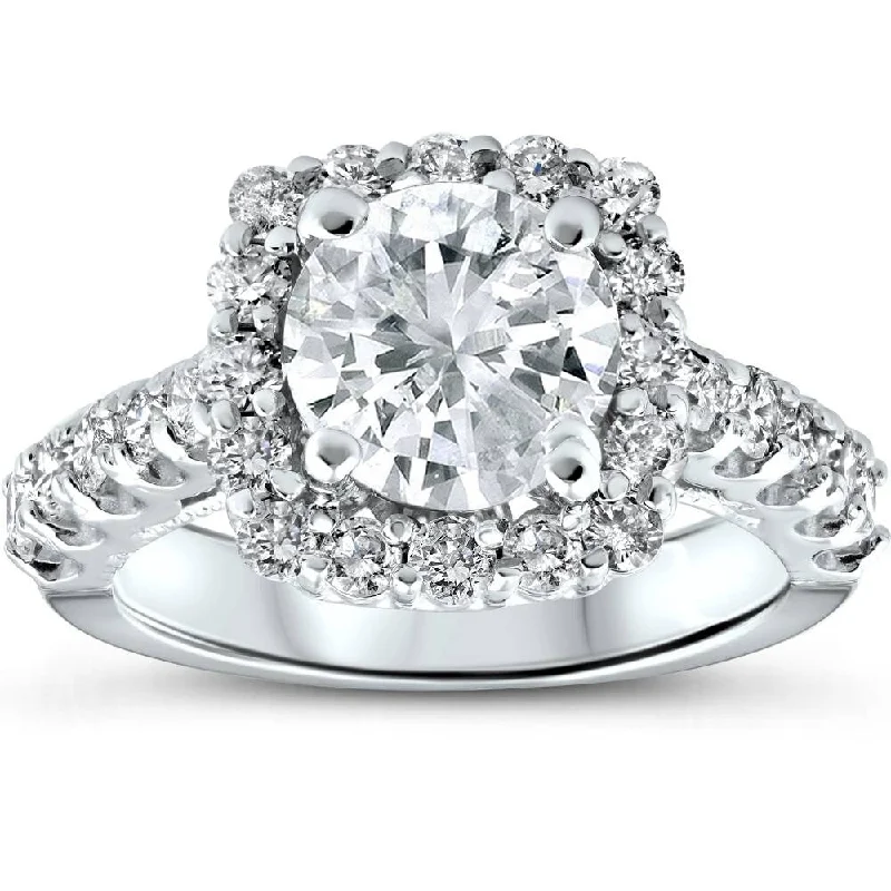 Ladies traditional engagement rings-14k White Gold 3 Ct TDW Cushion Halo Diamond Engagement Ring Clarity Enhanced