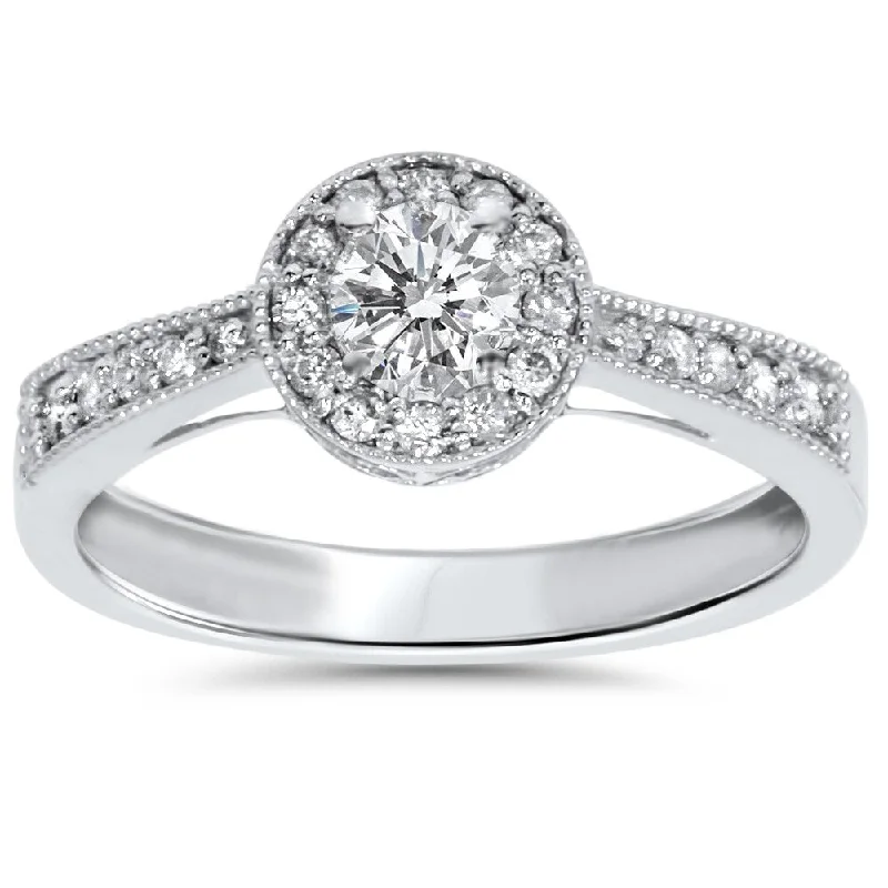 Ladies engagement rings with aquamarine-10k White Gold 1/2ct TDW Halo Vintage Milgrain Diamond Engagement Ring