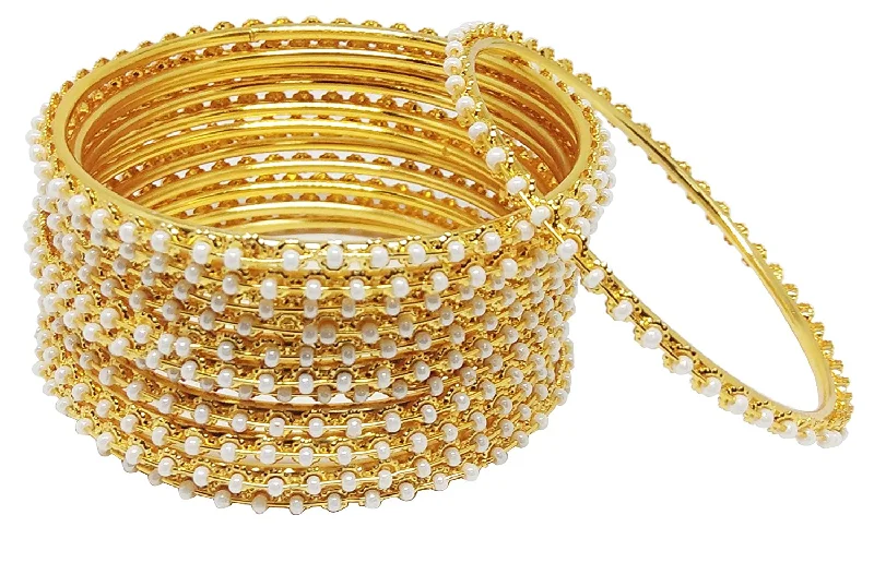 Ladies polished bracelet-Gold-Plated Alloy Set Of 12 Thin White Bead Bangles - The Pari