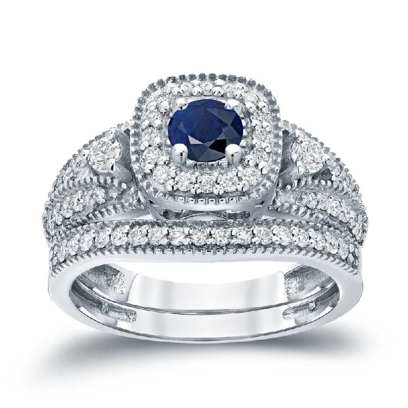 Ladies halo engagement rings with diamonds-Auriya Vintage Inspired 1/5ct Blue Sapphire and 1/2ctw Halo Diamond Engagement Ring Set 14kt Gold