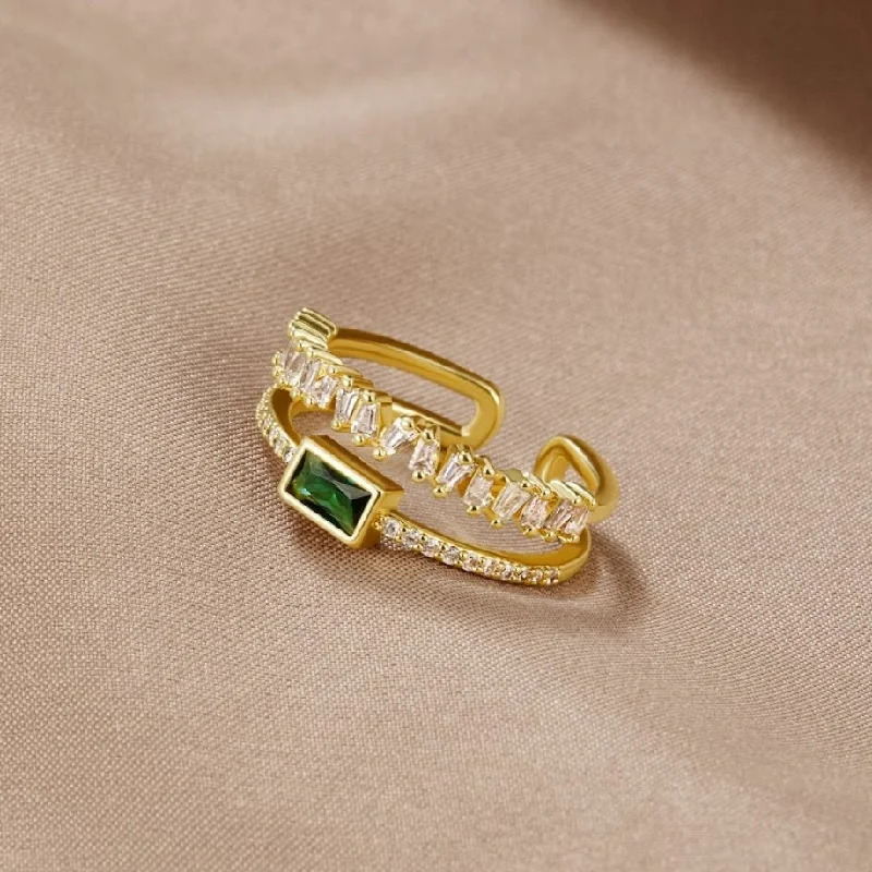 Ladies wedding ring set with diamonds-Layered Green Crystal Ring