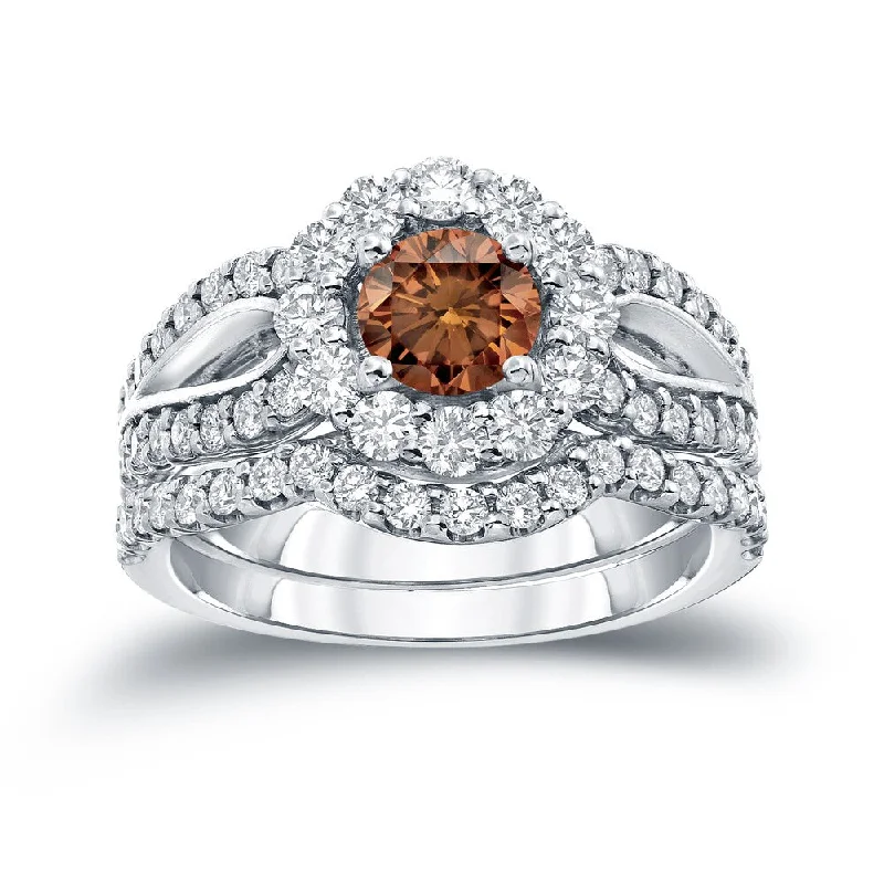 Ladies white diamond engagement rings-Auriya 2 1/3ctw Halo Brown Diamond Engagement Ring Set 14k Gold