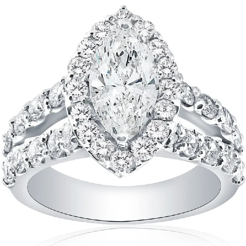 Ladies engagement rings with floral designs-14k White Gold 2 1/2 Ct Marquise Diamond Halo Engagement Ring