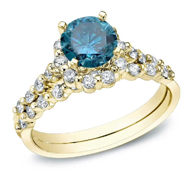 Ladies oval engagement rings-Auriya 14k Gold 1ct TDW Round Blue Diamond Halo Engagement Ring Set