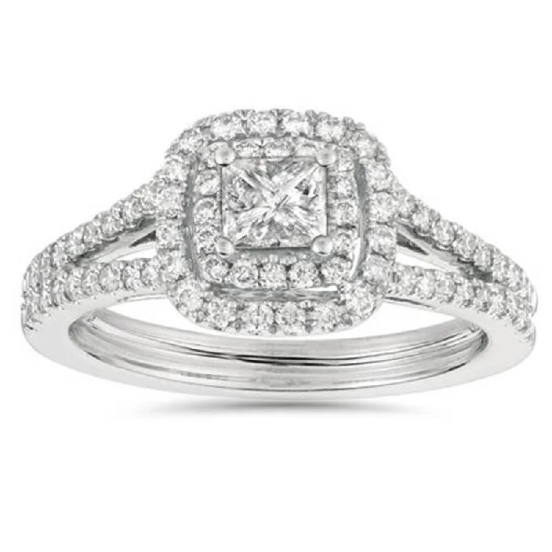 Ladies gold engagement rings-1ct Princess Cut Diamond Double Halo Engagement Ring 14K White Gold