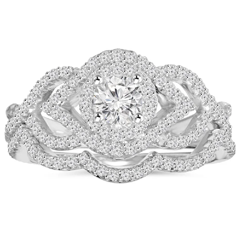 Ladies round diamond engagement rings-10K White Gold 1 ct TDW Diamond Intertwined Engagement Matching Wedding Ring Set