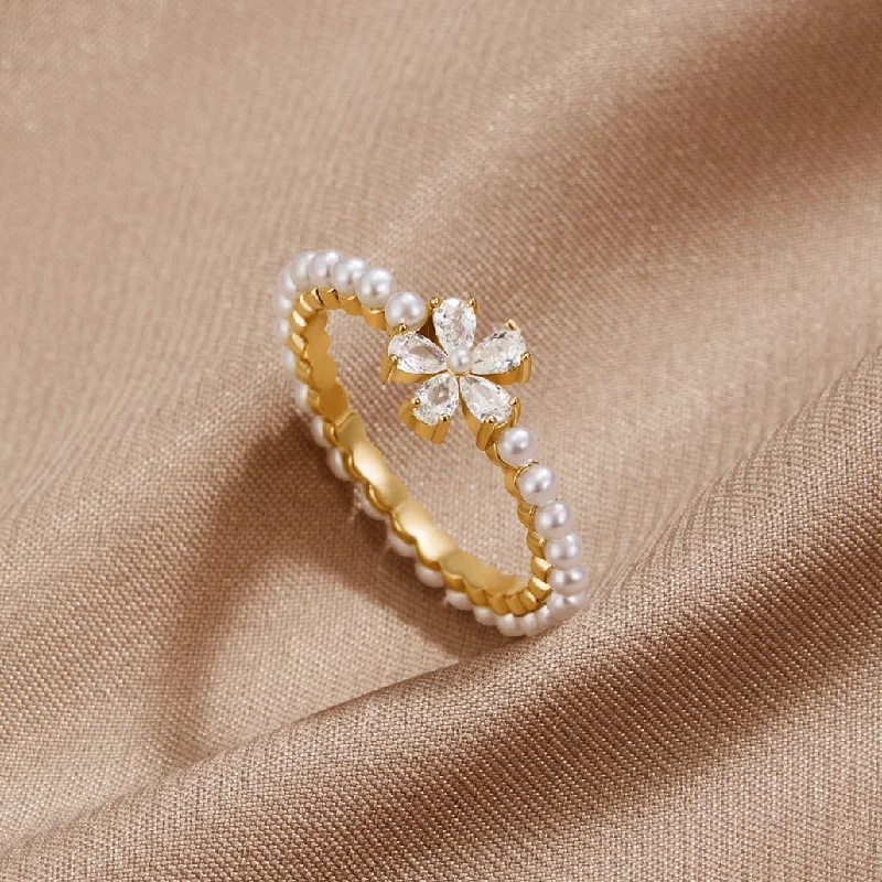 Ladies rose gold promise ring-Maisie Crystal & Pearl Flower Ring