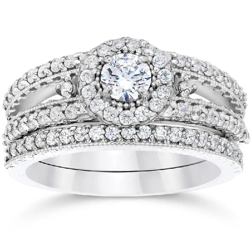 Ladies platinum wedding engagement rings-14K White Gold 1ct TDW Vintage Halo Diamond Engagement Wedding Ring Set