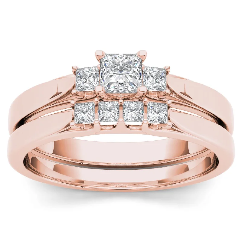 Ladies emerald engagement rings with diamonds-De Couer 14k Rose Gold 1/2ct TDW Diamond Three-Stone Engagement Ring Set with One Band