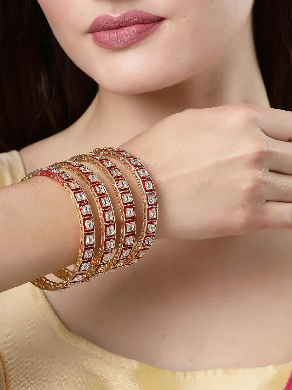 Ladies vintage bracelet-NVR Women's Set Of 4 Gold-Plated Red Kundan-Studded Traditional Bangles