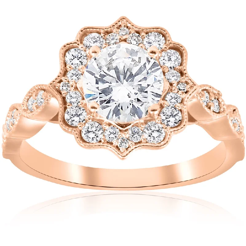 Ladies solitaire engagement rings with diamonds-14k Rose Gold 1 3/8 ct TDW Diamond Clarity Enhanced Vintage Halo Engagement Ring