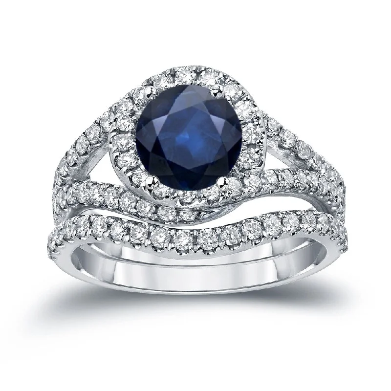 Ladies white gold engagement rings-Auriya 7/8ct Blue Sapphire and 1ctw Halo Diamond Engagement Ring Set 14k Gold