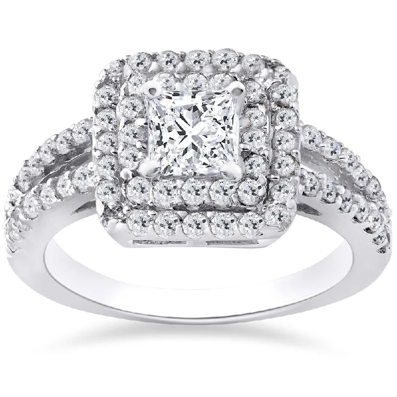 Ladies engagement rings with colored diamonds-14k White Gold 1 1/5 ct TDW Pave Double Halo Princess Cut Engagement Ring