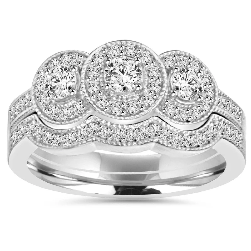 Ladies wedding engagement rings-10k White Gold 1 ct TDW 3-stone Diamond Vintage Engagement Wedding Ring Set