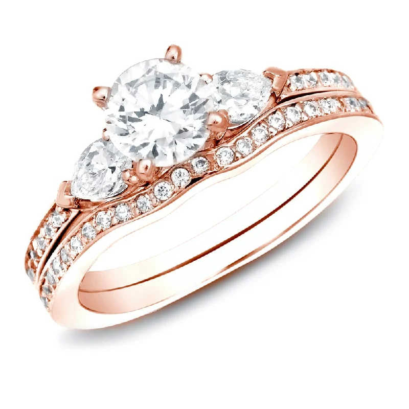 Ladies bridal engagement rings-Auriya 14k Rose Gold 1 carat TW 3-Stone Diamond Engagement Ring Set