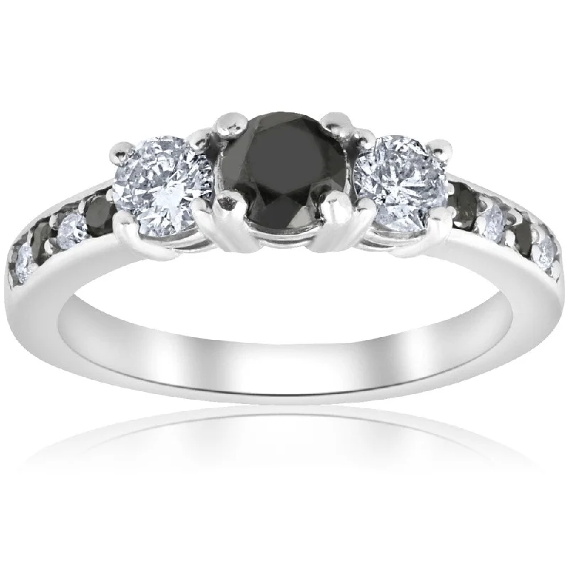 Ladies engagement rings with colored diamonds-Pompeii3 10k White Gold 1 1/4 ct TDW Three Stone Black & White Diamond Engagement Ring