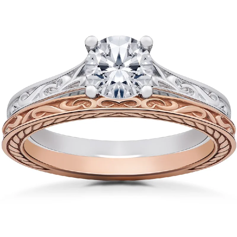 Ladies diamond engagement rings-14k White & Rose Gold 1 ct Vintage Scroll Solitaire Lab Grown Engagement Ring & Matching Wedding Band (F-G, SI1-SI2)