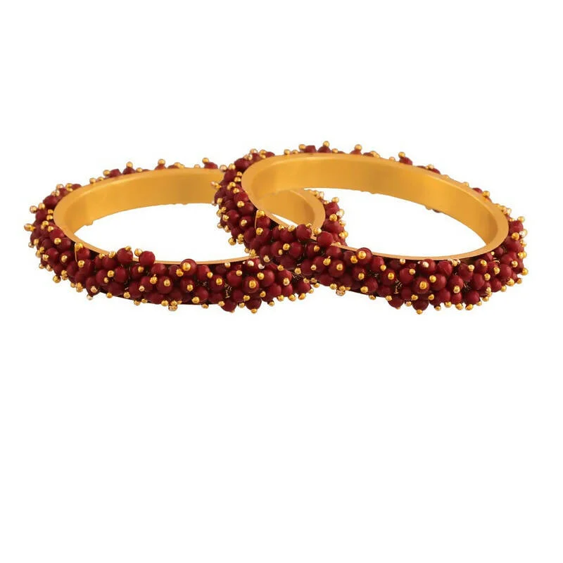 Ladies diamond studded bracelet-Mominos Fashion Joharkamal Gold-Plated Maroon Beads Work Bangles