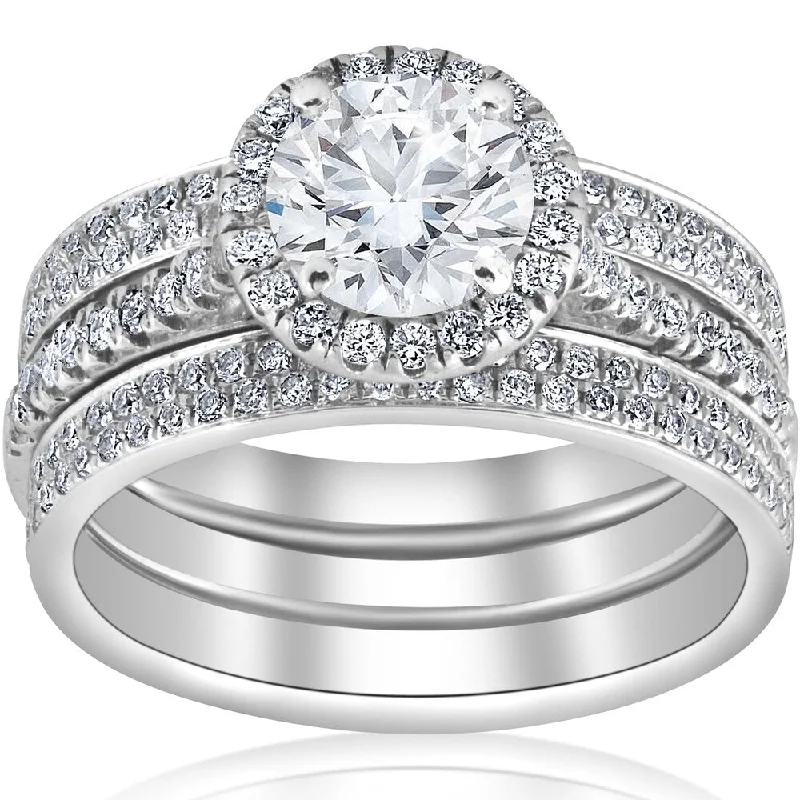 Ladies unique engagement rings-18K White Gold GIA Certified 2 1/2 ct Halo Diamond Engagement Eternity Wedding Ring Set Size 6 (E, SI1)