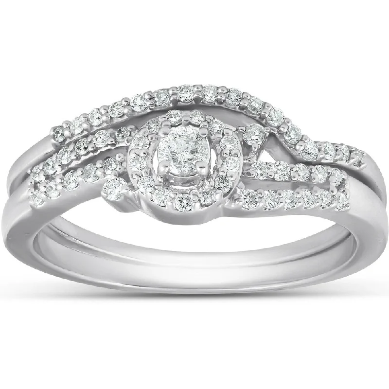 Ladies oval engagement rings-Pompeii3 10k White Gold 1/3 Ct TDW Halo Diamond Engagement Ring Twist Wedding Band Set