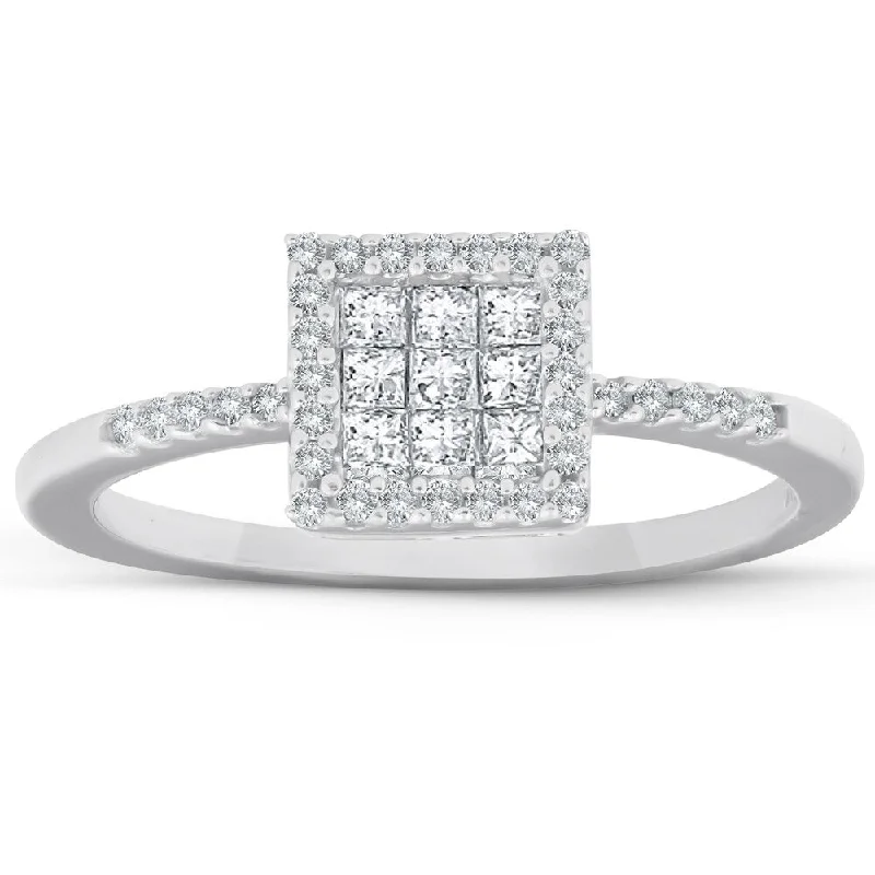 Ladies engagement rings with halo design-3/8 Ct Princess Cut Diamond Halo Engagement Ring 10k White Gold