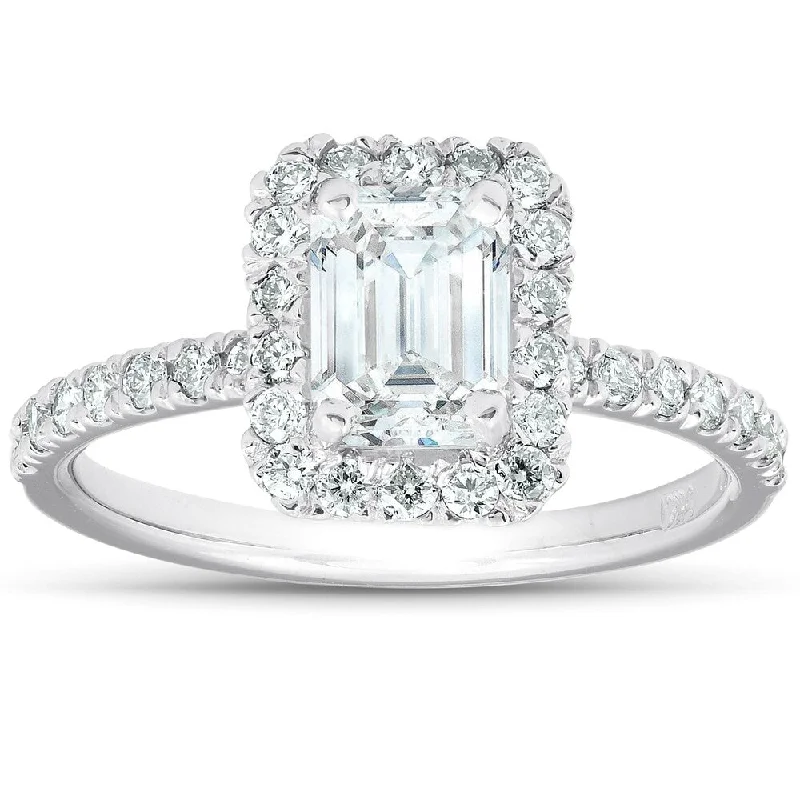 Ladies engagement rings with diamonds-1 1/2 Ct Emerald Cut Diamond Halo Engagement Ring 14k White Gold