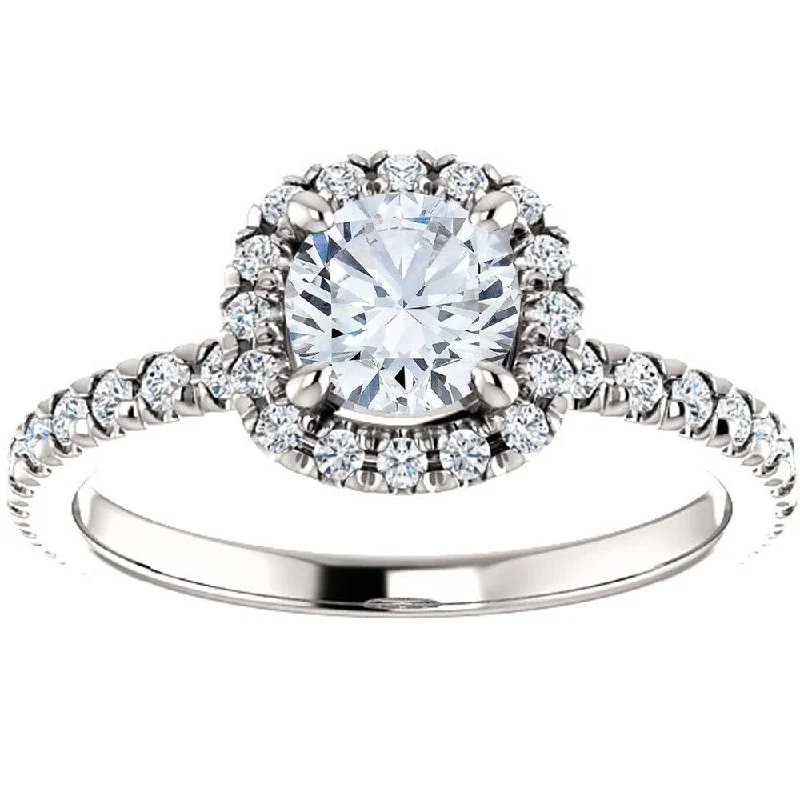 Ladies solitaire engagement rings-14k White Gold 1 Ct Cushion Halo Diamond Engagement Ring Lab Grown (G/SI)