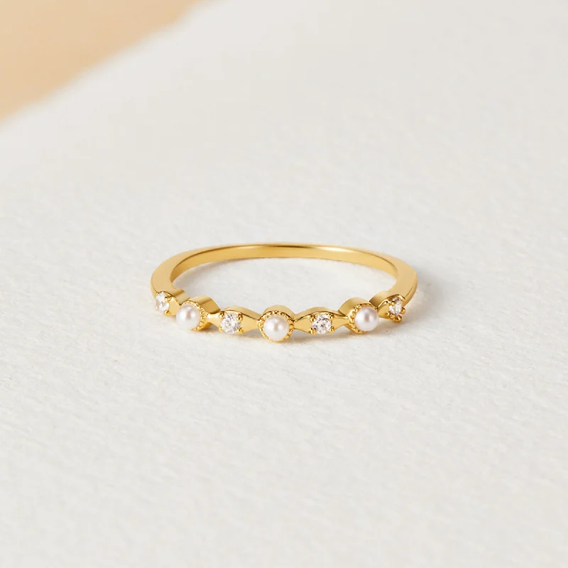 Ladies cocktail diamond ring-Elsa Pearl & Crystal Gold Ring