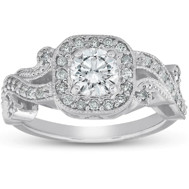 Ladies cushion cut halo engagement rings-Pompeii3 14k White Gold 1 Ct TDW Diamond Cushion Halo Vintage Vine Petal Engagement Ring