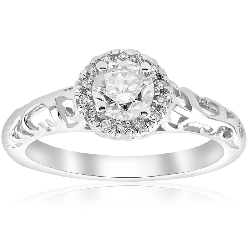 Ladies unique engagement rings with stones-14k White Gold 5/8ct TDW Diamond Vintage Halo Filigree Engagement Ring (I-J,I2-I3)