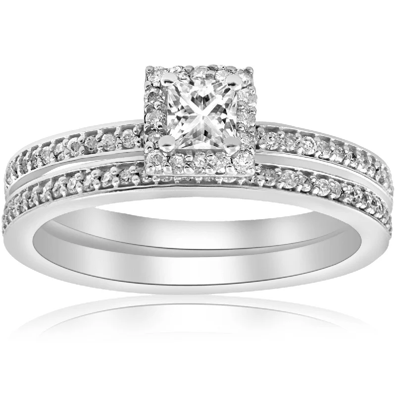 Ladies vintage style engagement rings-Princess Cut Diamond Engagement Matching Wedding Halo Ring Set 14k White Gold