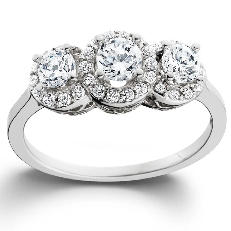 Ladies halo engagement rings with diamonds-14k White Gold 1ct TDW Diamond 3-stone Engagement Ring