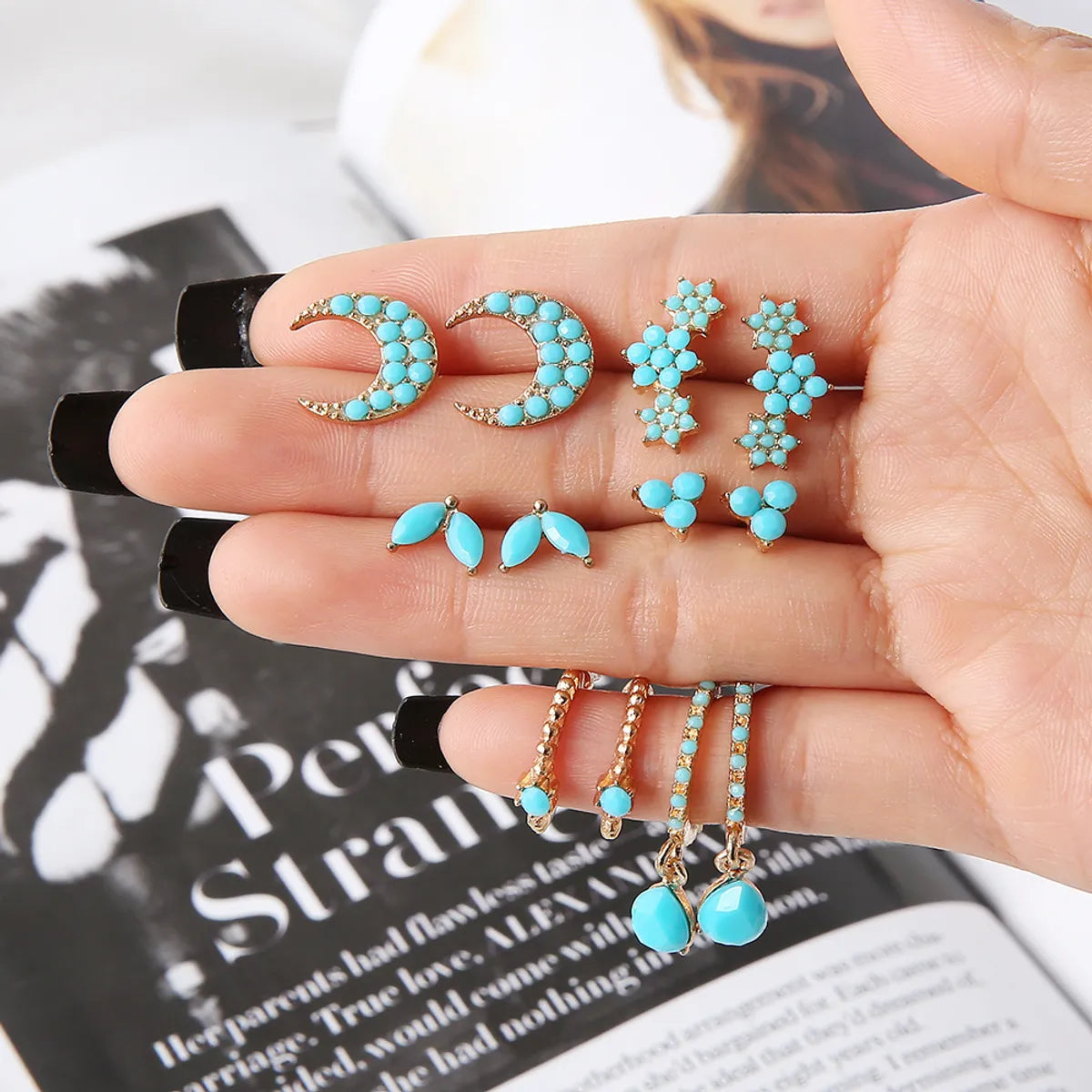 Ladies matching wedding rings-Retro Metal Turquoise Star Moon Leaf Geometric Earring Set