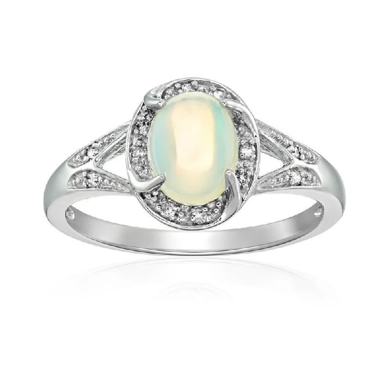 Ladies black diamond engagement rings-Sterling Silver Ethiopian Opal & Diamond Accented Engagement Ring Size - 7