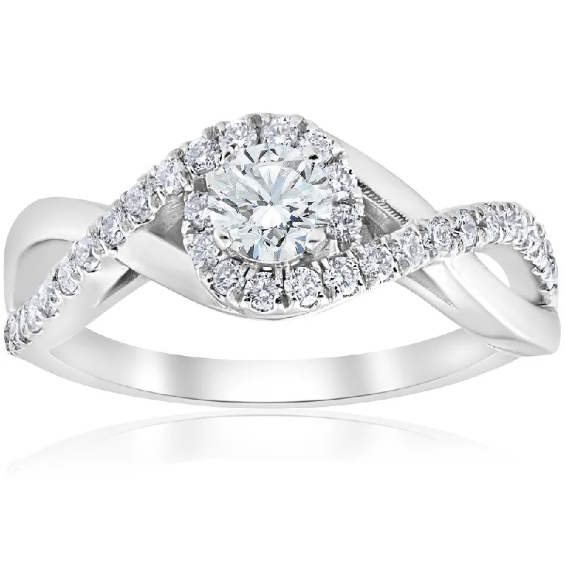 Ladies eternity engagement rings-Pompeii3 10k White Gold 1 ct TDW Halo Diamond Engagement Infinity Ring