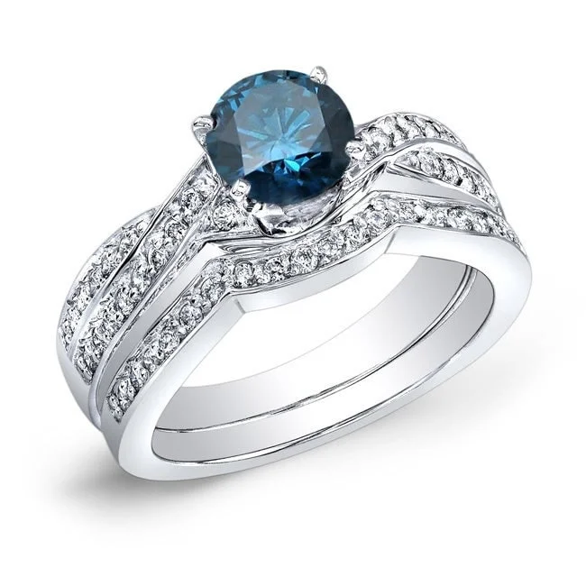 Ladies cushion halo engagement rings-Auriya 14k Gold 3/4ctw Twisted Round Blue Diamond Engagement Ring Set